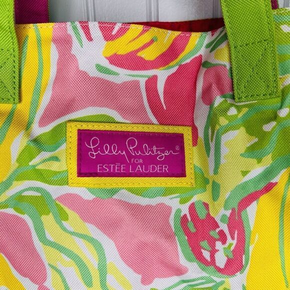 Lilly Pulitzer Estee Lauder Tropical Print Pink Green Yellow Tote Bag Colorful - Picture 3 of 8
